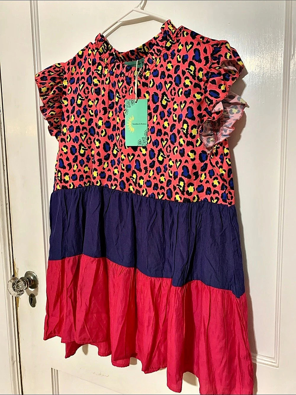 NWT Sunshine & Rodeos Colorful Leopard Print Ruffle Blouse